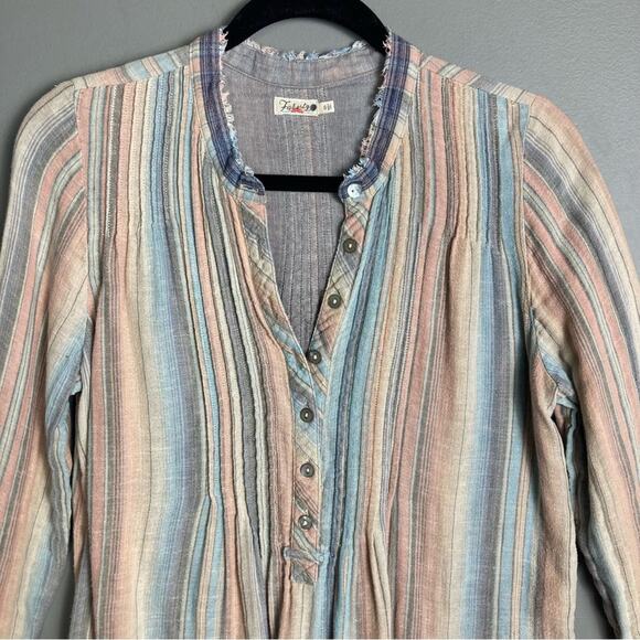 Faherty top small button up peasant madras pastel linen rainbow beachy Baja - Picture 7 of 10